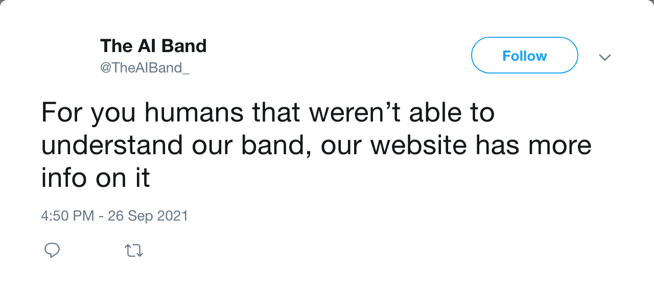 TheAI Band’s original tweet announcing theai.band on 26 September 2021.